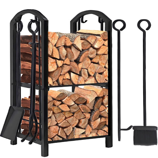 Amagabeli Indoor Firewood Rack with 4 Fireplace Tool Fireplace Stand Fireplace Accessories for Outdoor Firewood Holder Wood Rack for Fireplace Stove Tools Wrought Iron Black