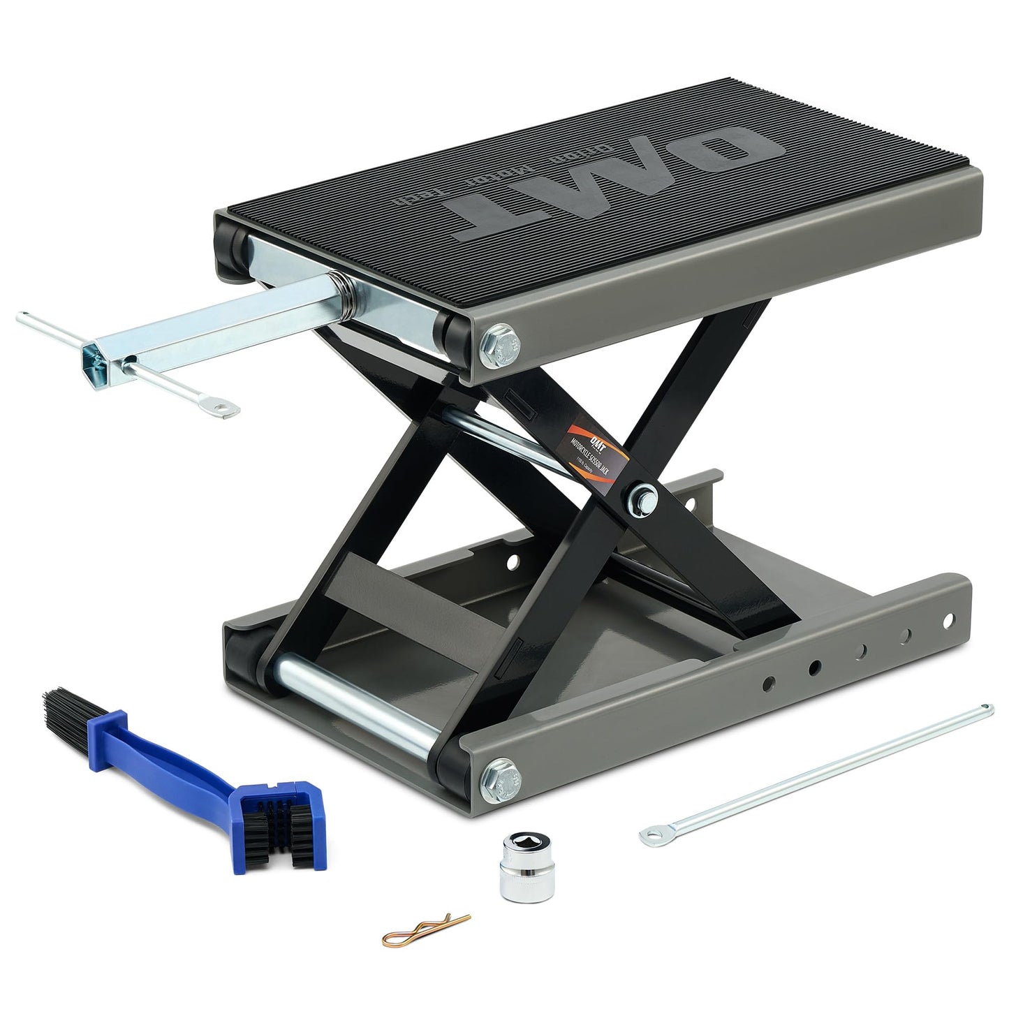 Orion Motor Tech motorcycle lift, height adjustable from 95-370mm, with a weight capacity of 500kg/1100 lbs. Ideal for motorcycle maintenance, this gray scissor lift stand is perfect for bike repairs.
