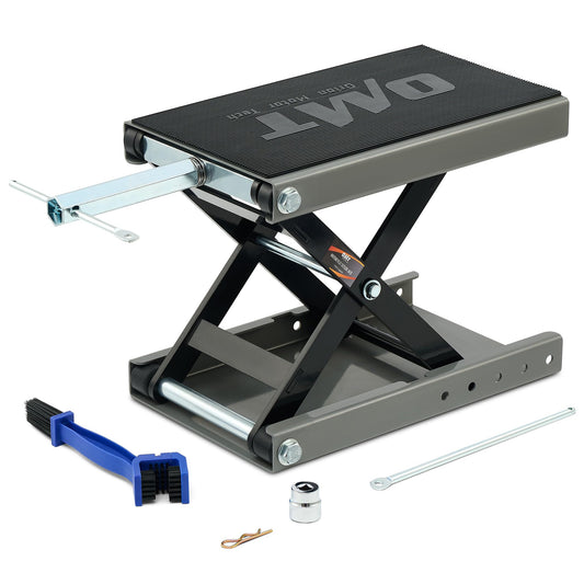 Orion Motor Tech motorcycle lift, height adjustable from 95-370mm, with a weight capacity of 500kg/1100 lbs. Ideal for motorcycle maintenance, this gray scissor lift stand is perfect for bike repairs.