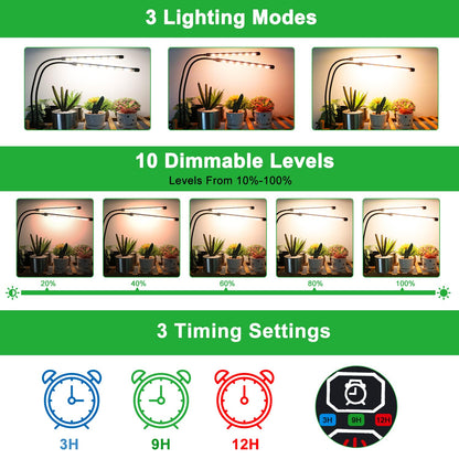2 Heads + 2 Heads Plant Lamp LED, Full Spectrum Plant Light, Plant Light with Timer, 3 Color Modes and 10 Dimmable Levels, Growth Lamp for Indoor Plants, Houseplants