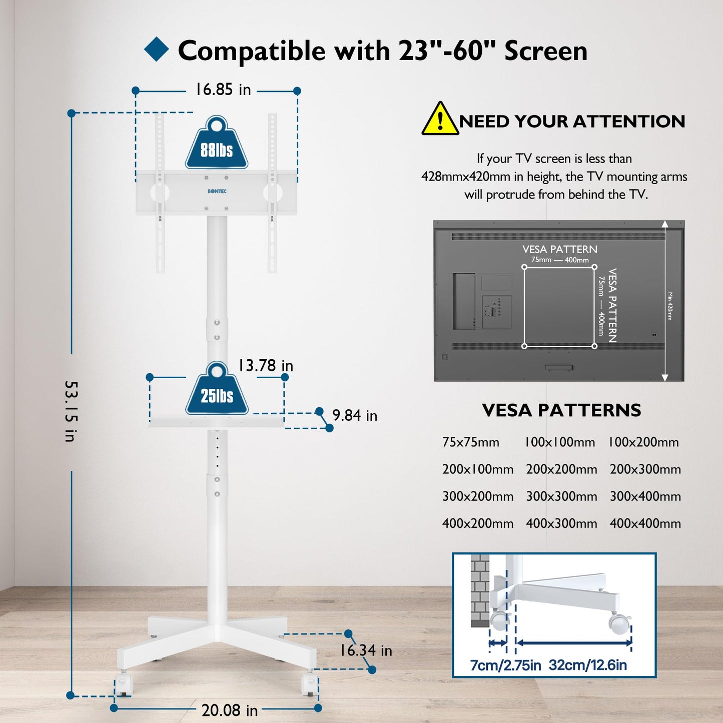 BONTEC Mobile TV stand on wheels for 23-60 inch Plasma/LCD/LED TVs, Portable TV stand with laptop shelf, Height adjustable rolling TV cart up to 25kg, max. VESA 400x400mm (white)