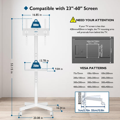 BONTEC Mobile TV stand on wheels for 23-60 inch Plasma/LCD/LED TVs, Portable TV stand with laptop shelf, Height adjustable rolling TV cart up to 25kg, max. VESA 400x400mm (white)