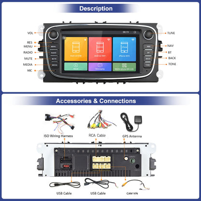 Android car radio for Ford Focus with GPS navigation CAMECHO 7 inch capacitive touchscreen car radio Double Din with Bluetooth/USB/WiFi/FM/EQ Rearview camera for Ford Mondeo S-Max C-Max Galaxy +CANBUS.