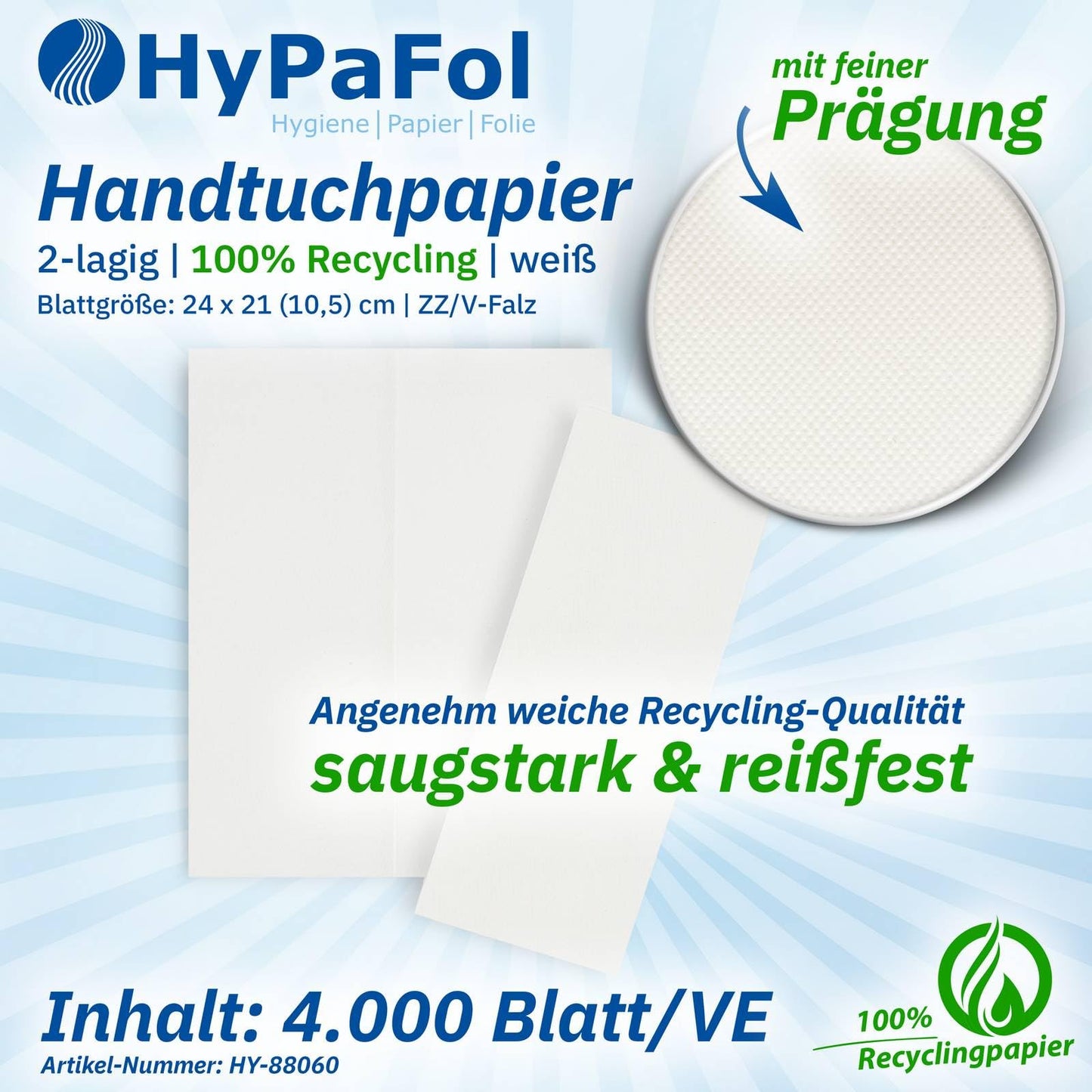 Hypafol paper towels for dispensers, white, 2-ply, 24x21 cm, 128000 sheets, 512 x 250 sheets, convenient V-fold for towel dispensers in toilets, offices, practices & studios.