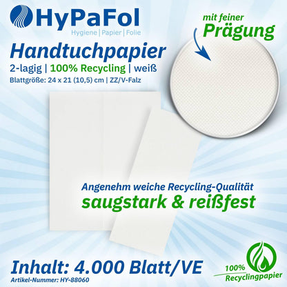 Hypafol paper towels for dispensers, white, 2-ply, 24x21 cm, 128000 sheets, 512 x 250 sheets, convenient V-fold for towel dispensers in toilets, offices, practices & studios.