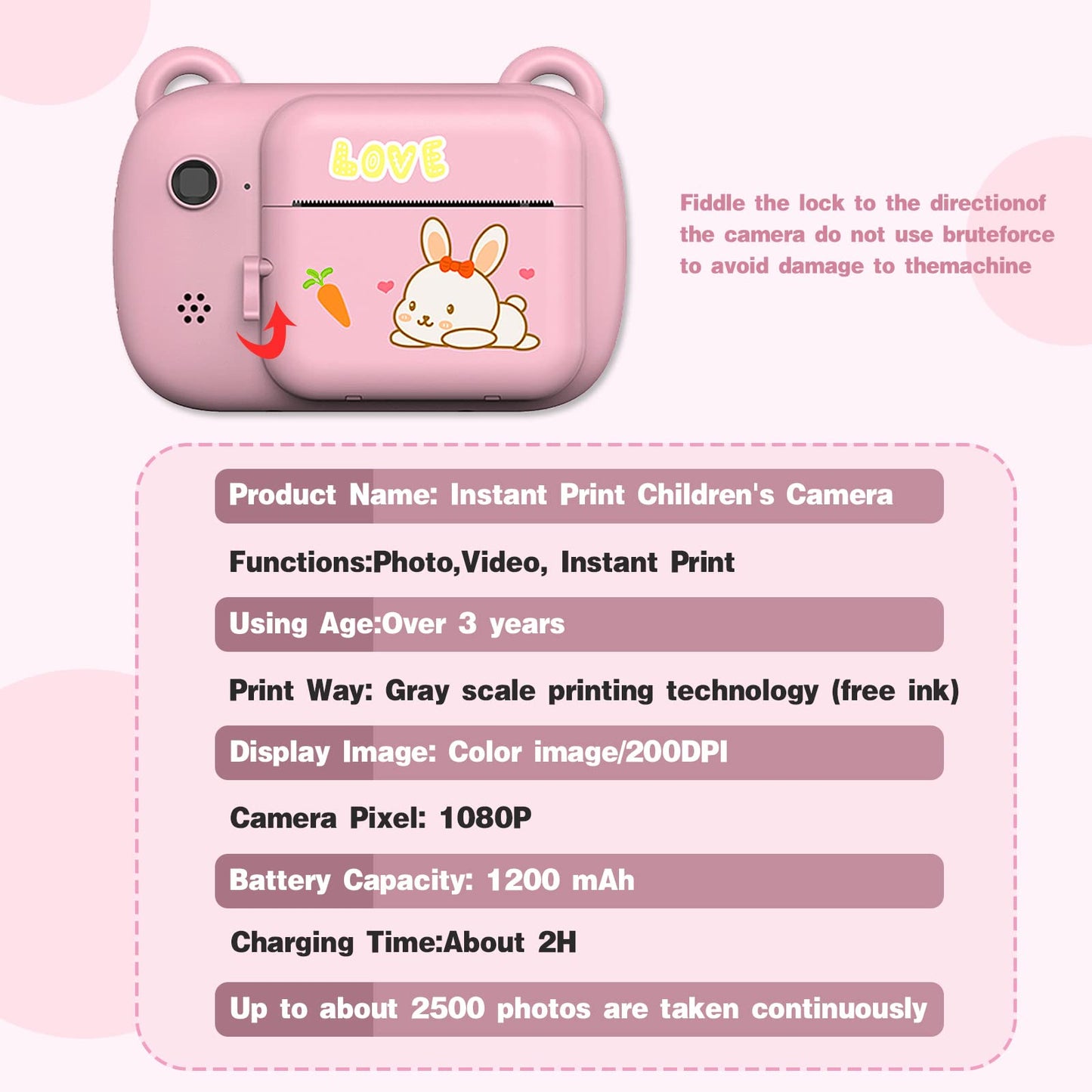 SUPBRO Kids Camera, Children's Camera, Digital Kids Cameras with 2.4-Inch Screen 1080P HD Camera Instant Print Camera for Kids 3-10 Years Old Birthday Christmas (Rabbit)