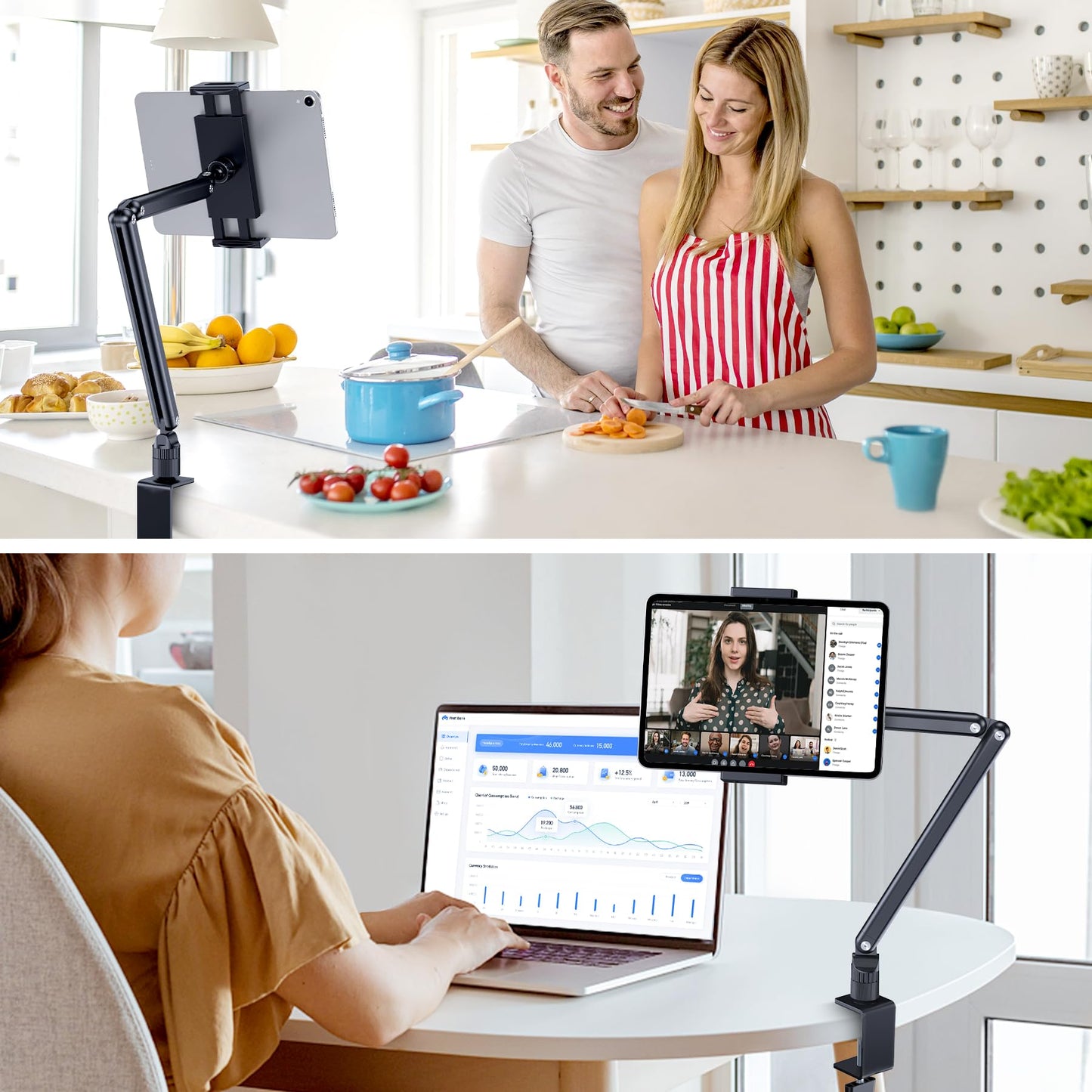 CreaDream tablet stand holder, aluminum iPad desk mount, tablet arm holder with 360° swivel metal base, suitable for iPad Air Pro Mini, Samsung Galaxy, Kindle, all 4.7-13 inch devices.