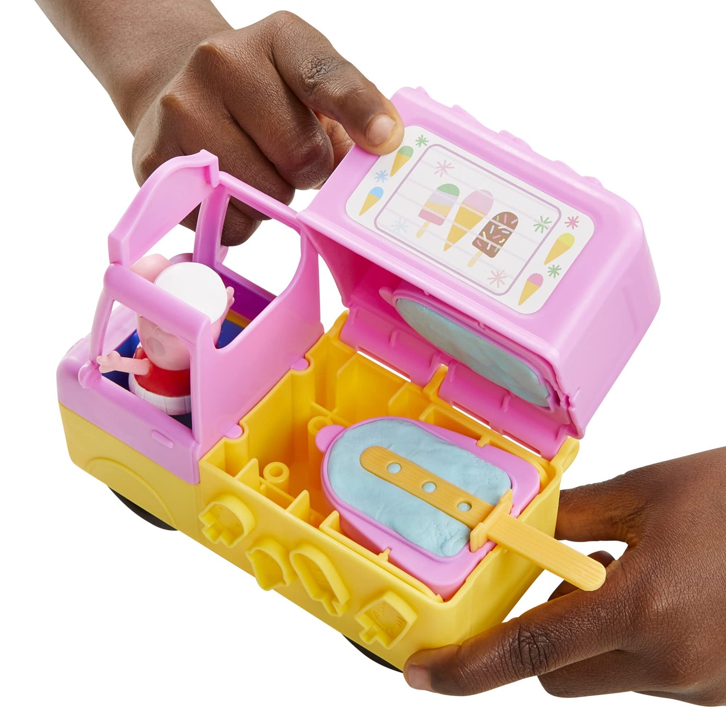 Play-Doh Peppa's Ice Cream Truck Craft Set includes 3 x 56g cans and 2 x 28g cans of modeling compound, Peppa and George figures, and various accessories and molds. Creative fun for kids ages 3 and up.