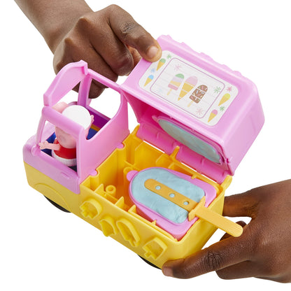 Play-Doh Peppa's Ice Cream Truck Craft Set includes 3 x 56g cans and 2 x 28g cans of modeling compound, Peppa and George figures, and various accessories and molds. Creative fun for kids ages 3 and up.
