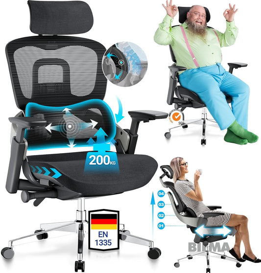MELOKEA Office Chair 200KG for back pain, with dynamic lumbar support, 4D armrests, adjustable backrest height, adjustable seat depth, EN 1335 Ergonomic Office Chair in Black.