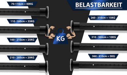 MEISENBERG curtain rod without drilling 210-260cm, Ø32mm matt black sturdy clamp rod for extending - curtain rod, telescopic rod - for your curtains, partition wall, and balcony.