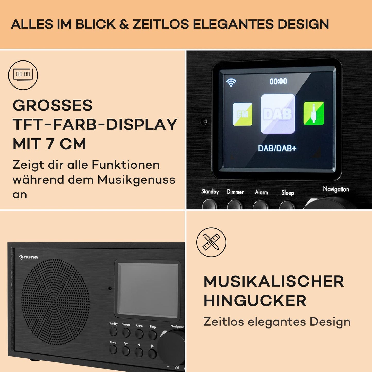 Auna Silver Star Radio, rechargeable DAB radio with Bluetooth, battery-operated DAB/DAB+/FM radio, kitchen radio with HCC display, alarm clock, radio with power adapter, mini radio small.