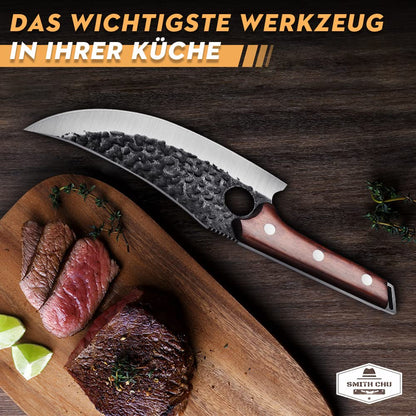 SMITH CHU hand-forged boning knife with leather sheath. Professional kitchen knife, portable camping knife, high carbon steel butcher knife. Full tang multipurpose BBQ tool for home and outdoor use.
