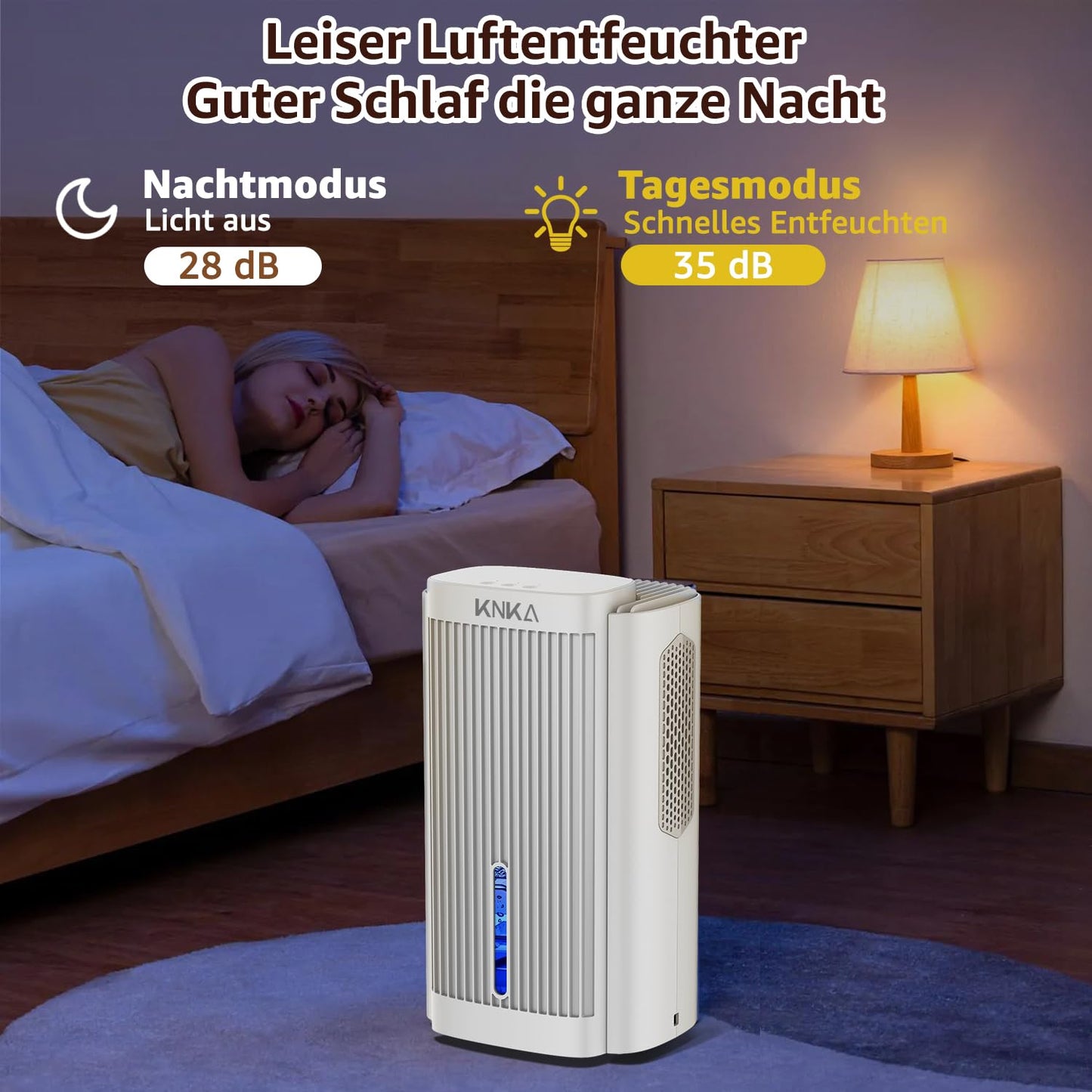KNKA Dehumidifier, Electric Dehumidifier, 1.1L, Room Dehumidifier below 28dB for Apartment, Bathroom, Basement, with Automatic Shutdown and Sleep Mode, Colorful Night Light (White)