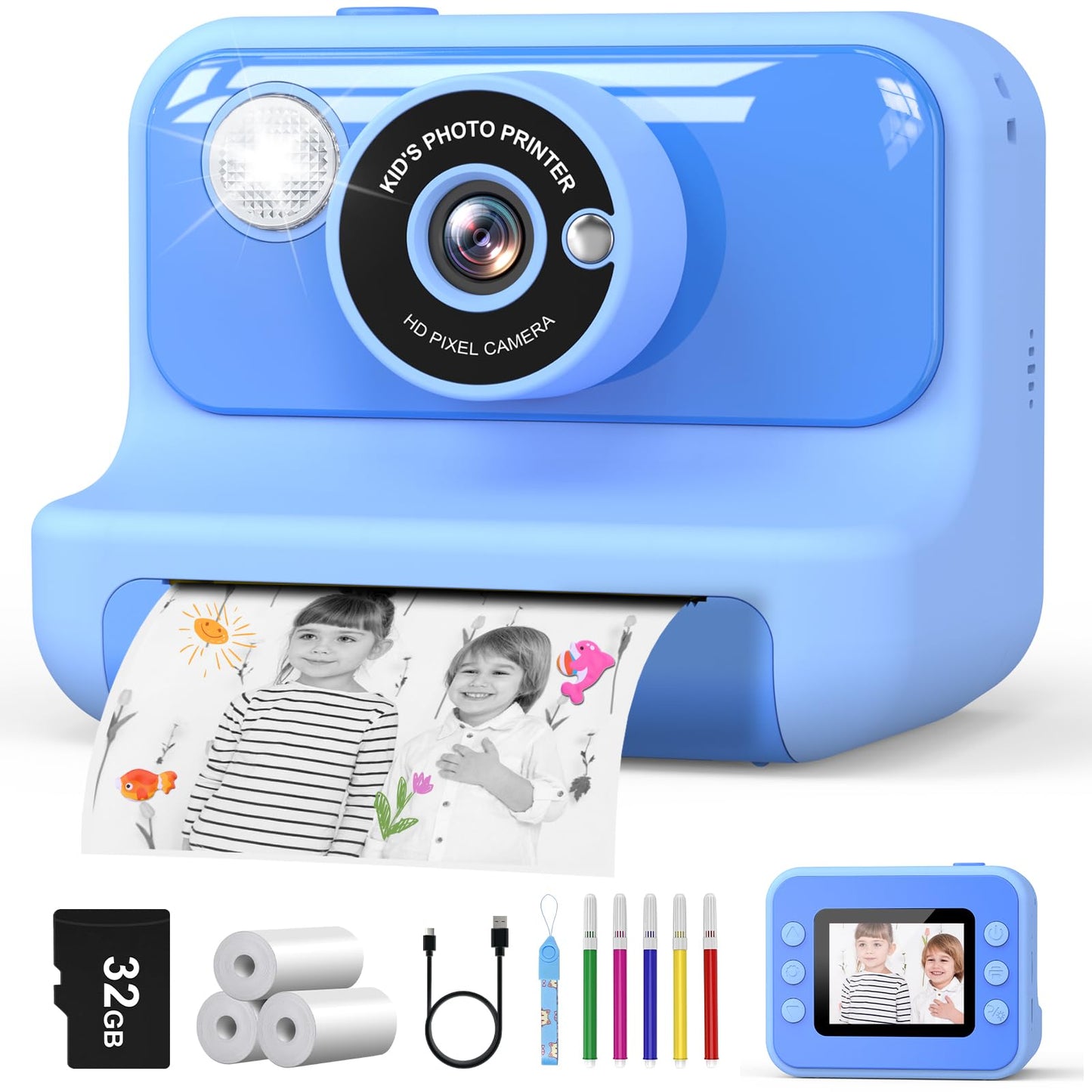 Hangrui instant camera for kids, 2.4-inch screen children's camera with 32G card & printing paper, 1080P instant print camera for kids with colored pens, gift for children aged 3-12 years.