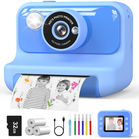 Hangrui instant camera for kids, 2.4-inch screen children's camera with 32G card & printing paper, 1080P instant print camera for kids with colored pens, gift for children aged 3-12 years.