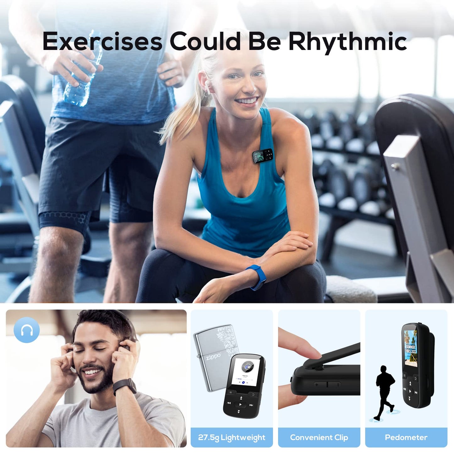 Etacé MP3 player with Bluetooth 5.3, sports music player with 16GB internal storage, FM radio, e-book, pedometer, voice recording, and support for up to 128GB TF/Micro SD card.