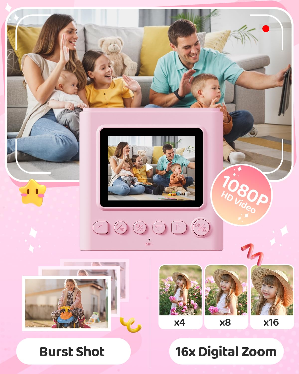 TIATUA Kids Camera Instant Camera, 2.4 Inch Instant Camera for Kids with 32G Card and Photo Paper Printing, 1080P HD Digital Camera for Kids, Gifts for Boys and Girls 3-12 Years (Pink)