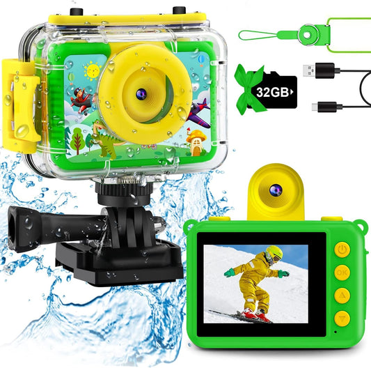 GKTZ kids camera waterproof, 180° rotatable digital action camera for kids, birthday gift toy for children ages 3-12 boys and girls, underwater camera with 32GB SD card, green