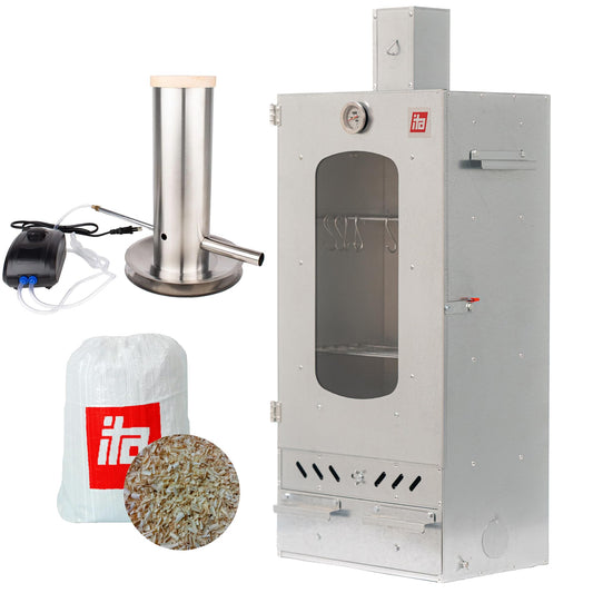 ITA Smokehouse 7012 - Smoker Set with Smoke Generator & Wood Chips - Smoke cabinet with 3 levels - Alloy steel, with viewing window & chimney - Quality Made In EU Direct from the Manufacturer