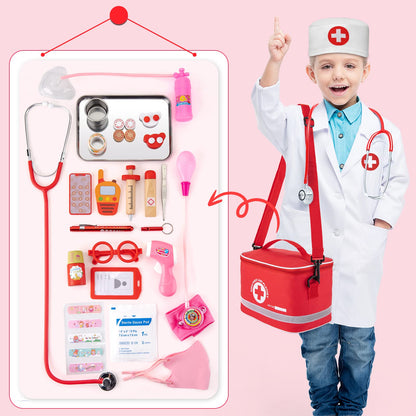EFO SHM Doctor's Kit for Kids, 34-piece wooden doctor's kit with stethoscope, thermometer, syringe, doctor's bag, and lab coat - Gift for children role-playing toy for ages 3 years and up.