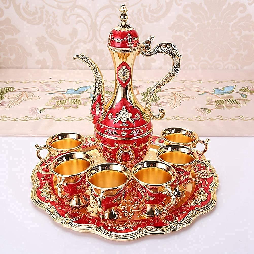 Turkish coffee set, 6-piece metal tea service with tray and gold decoration for traditional tea ceremony household accessories.
