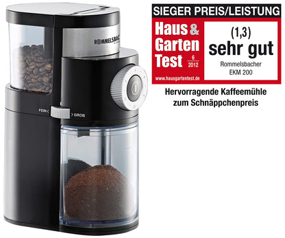 ROMMELSBACHER coffee grinder EKM 200 - gentle grinding with disc grinder, adjustable grind level from coarse to fine, 2-12 cups, 250g bean container capacity, 110 watts, black