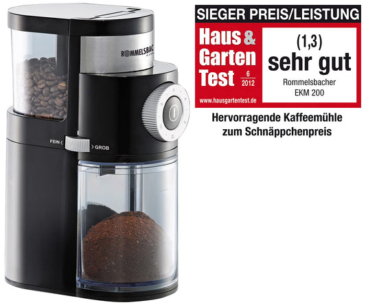 ROMMELSBACHER coffee grinder EKM 200 - gentle grinding with disc grinder, adjustable grind level from coarse to fine, 2-12 cups, 250g bean container capacity, 110 watts, black