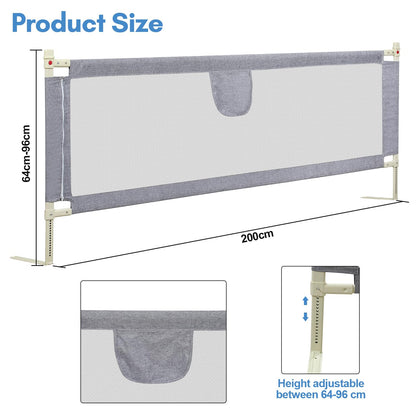 Ikodom bed guard for kids 2x 200cm and 1x 180cm, bed rail adjustable in height from 64-96cm, bed fall protection, children's bed rail, baby bed rail safe, gray