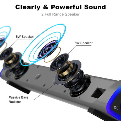 SOULION R30 computer speakers, USB-powered small PC speakers, color-changing LED light with switch button, surround sound portable computer sound bar speaker for desktop laptop.