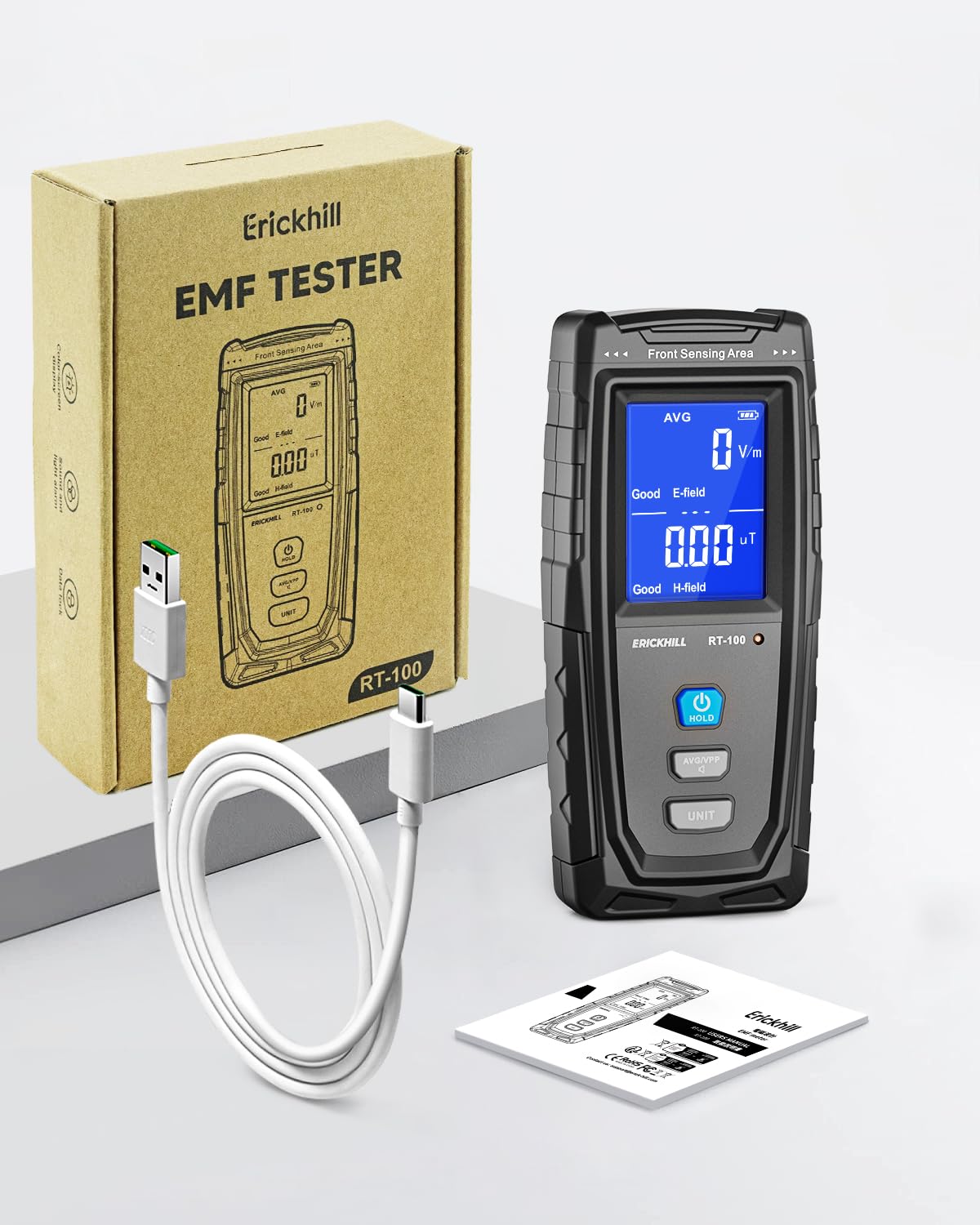 ERICKHILL EMF meter, rechargeable, electromagnetic radiation detector, handheld device, digital LCD EMF detector, great tester for home EMF inspections, office, outdoor, and ghost hunting.