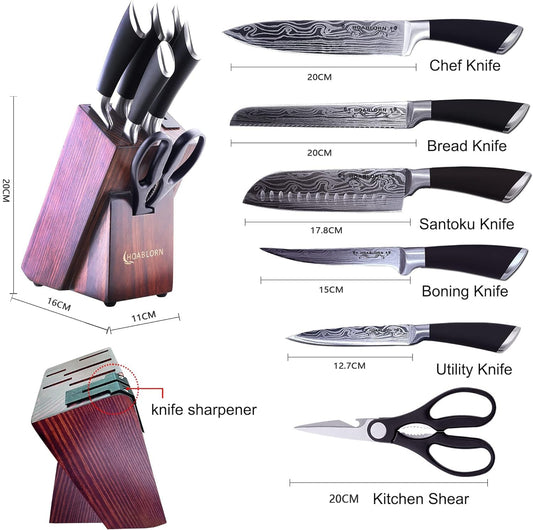HOABLORN Professional Knife Block Set Professional Kitchen Knives with Wooden Block Knife Set with Wooden Knife Holder Great for home cooks Wedding Housewarming Gift