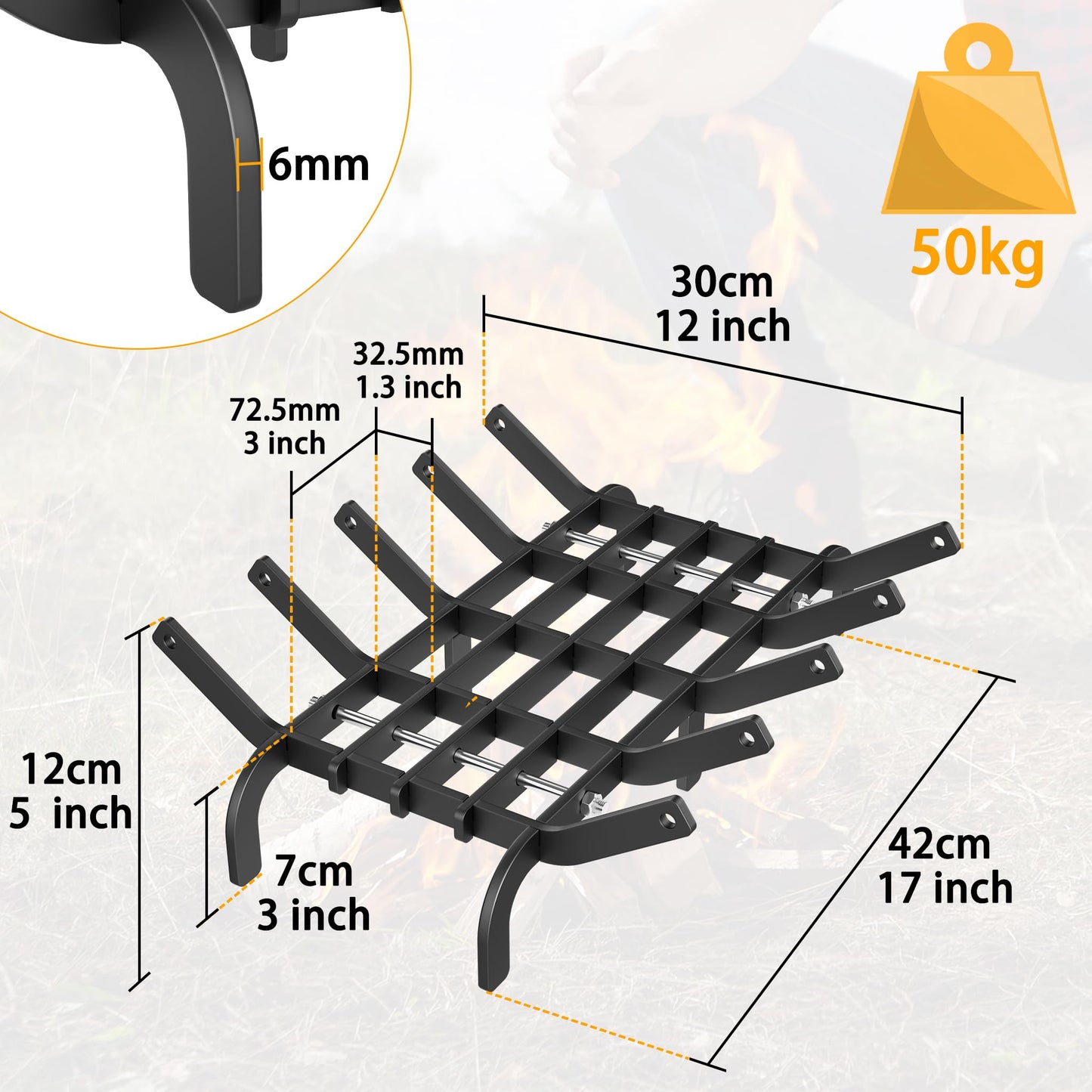 42cm fireplace grates for burning firewood in a cast iron wood rack, indoor wrought iron grill fireplace grate for indoor fireplaces, outdoor camping cooking, fire starting tools wood stove, Tye A