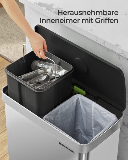 SONGMICS Kitchen Trash Can, 2 x 30L, Waste Separation System, 2 Compartments, 15 Trash Bags, Stainless Steel Trash Can, Plastic Inner Bucket, with Lid, Soft-close, 58 x 31.5 x 59 cm, silver LTB202E01