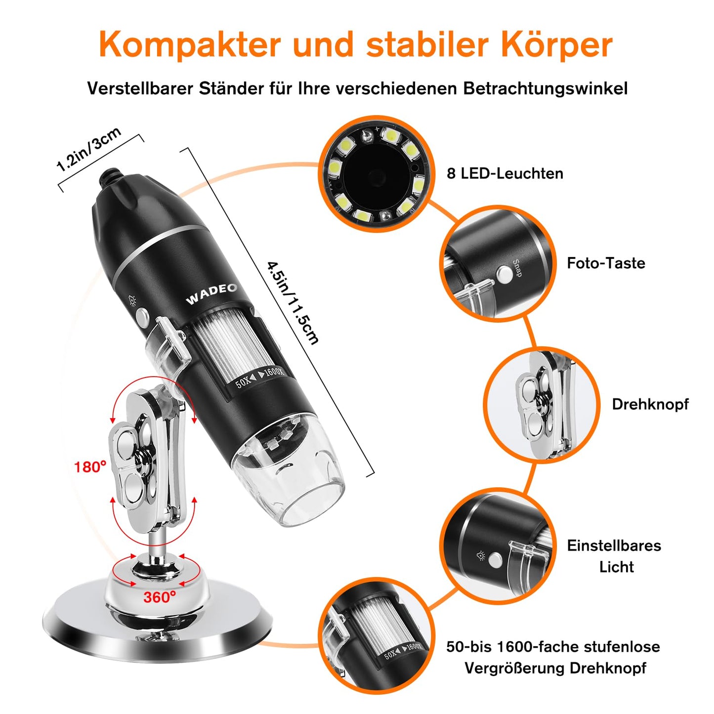 WADEO Digital Microscope, USB microscope 1440P HD with 50X-1600X magnification, Portable Inspection Camera WiFi-free, Wired Hand Microscope with 8 LED and Stand, compatible with iOS, Android, and tablets.