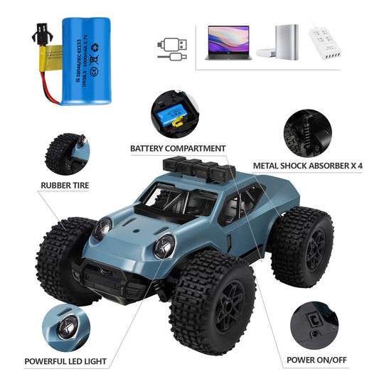Kizeefun Remote Control Car, 2.4Ghz 1/20 RC SUV 20 km/h All Terrain, Electric Toy, Off-road with 2 BATTERIES 50min Playtime and LED Headlights, Gift for Kids