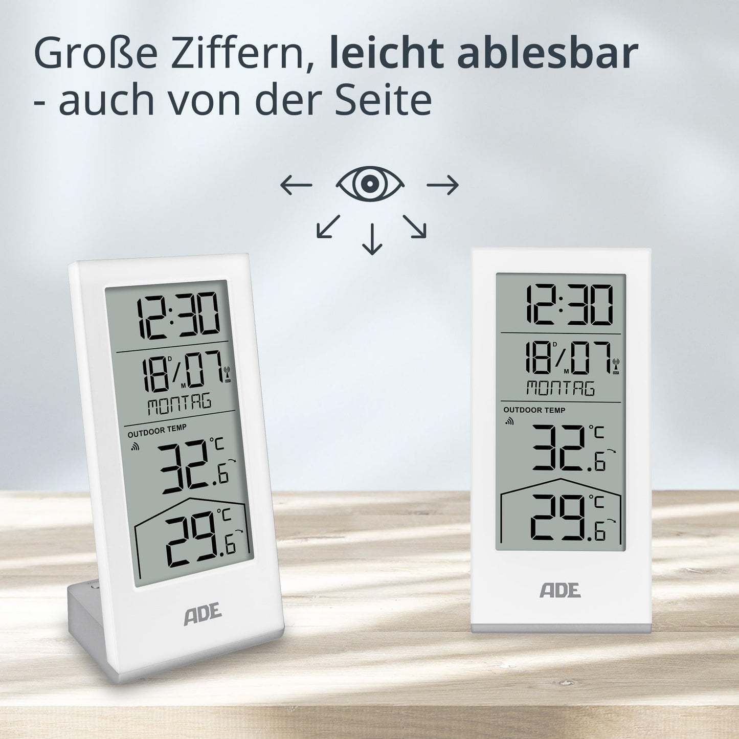 ADE digital radio controlled clock with temperature display and outdoor sensor | Thermometer for indoor and outdoor temperature | Trend indication | table clock with date and day of the week | including batteries | white