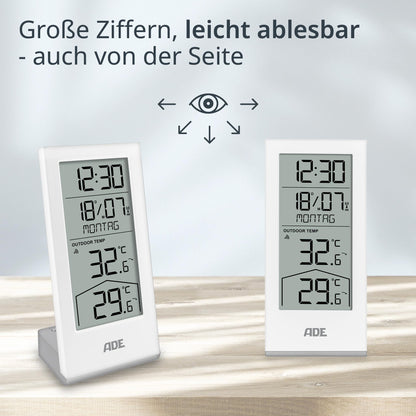 ADE digital radio controlled clock with temperature display and outdoor sensor | Thermometer for indoor and outdoor temperature | Trend indication | table clock with date and day of the week | including batteries | white