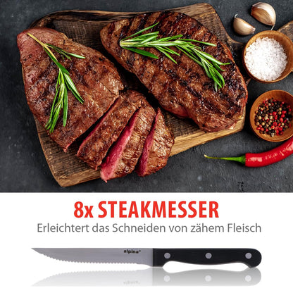 Alpina 22-Piece Knife Block Set - Kitchen Knife Set with Block - 18 Different Knives - Includes Sharpener and Non-Stick Coated Scissors - 21 x 15 x 22 CM - Wooden Knife Block