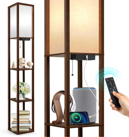 OUTON Dimmable Floor Lamp Shelf with Remote Control, 4 Color Temperature Adjustable, 1H Timer, LED Floor Lamp with 2 USB Ports, Floor Lamps with Lampshade for Living Room, Bedroom, Office, Brown