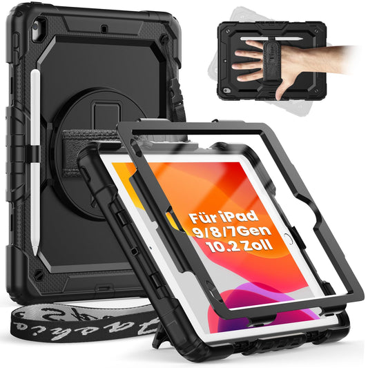 tmecity case for iPad 9/8/7th Gen, iPad 10.2 Inch Shockproof Rugged with Screen Protection 360° Rotatable Stand Hand Strap Shoulder Strap Pencil Holder for iPad 9th Gen-Black