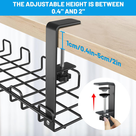 Lannvan Cable Management Desk without Drilling - 2 Pack Steel Desk Cable Organizer - Includes Accessories - Clampable Cable Tray Under Desk - Desk Organizer for Office/Home - Black