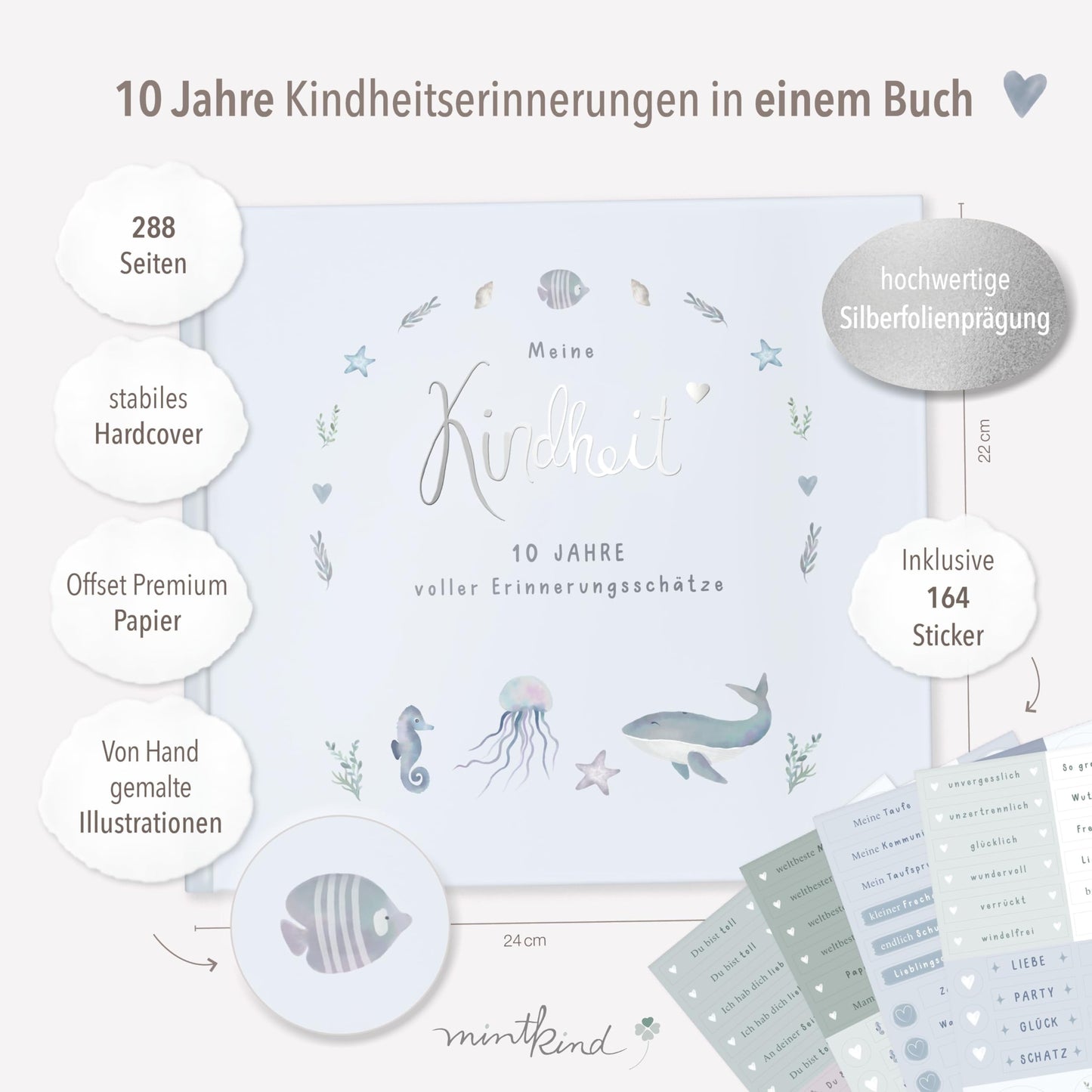 mintkind® "My Childhood" Memory Album Whale Design + Sticker Set I Your First 10 Years I Photo Album Children's Gifts for Birth Baby Book for Recording Diary Children's Album Memory Book Child