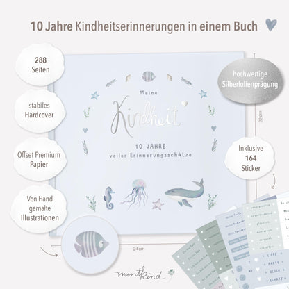 mintkind® "My Childhood" Memory Album Whale Design + Sticker Set I Your First 10 Years I Photo Album Children's Gifts for Birth Baby Book for Recording Diary Children's Album Memory Book Child