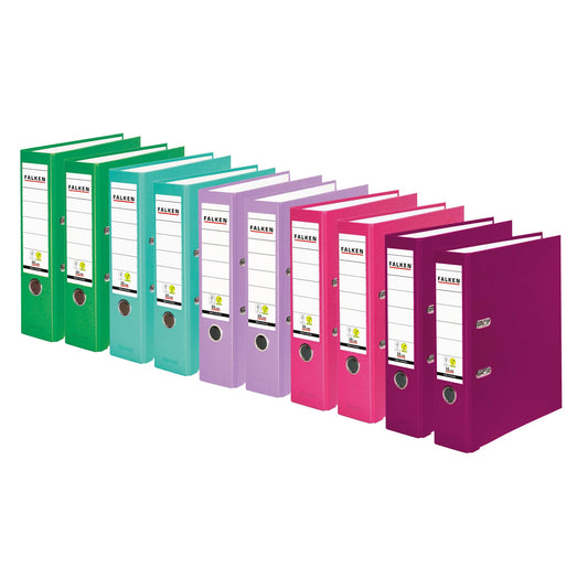 Original Falcons 10 pack of PP-Color plastic folders. Made in Germany. 8 cm wide DIN A4 Vegan color assorted with 2x turquoise, lilac, blackberry, pink, light green file folders.