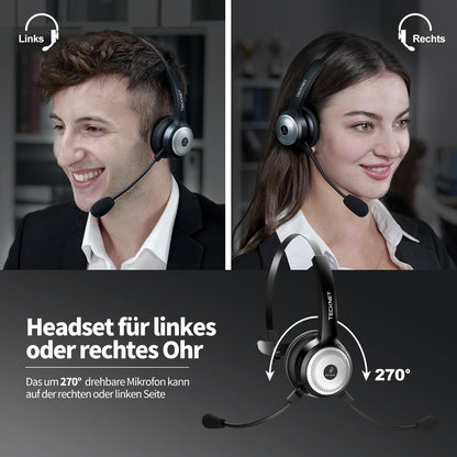TECKNET Bluetooth PC headset with microphone & USB dongle [45 hr call time & 10M range] wireless headset with charging dock, AI noise cancelling for business, office, home office.