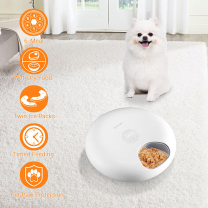 Automatic cat feeder for wet food, 6 meals cat feeder with 2 ice packs, programmable timer, rechargeable cordless automatic pet feeder.