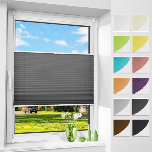 All-in-one pleated blinds without drilling, Klemmfix anthracite 40x180cm (WxH), pleated roller blind with clamp holder, blinds for windows and doors, privacy and sun protection.