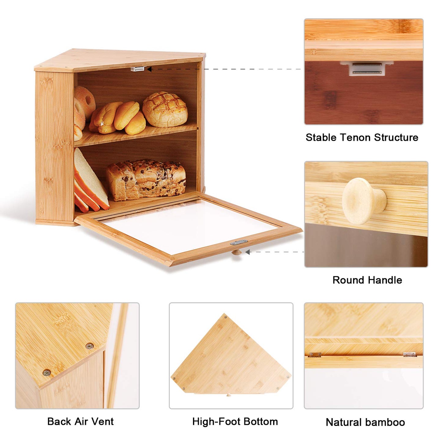 Leader Accessories bamboo bread box 2 tier bread container for corner food-safe bread storage easy to clean 32x32x34cm