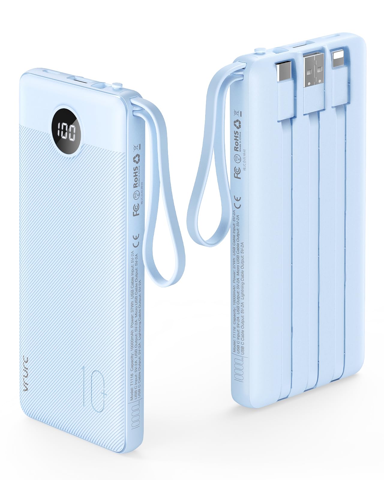 VRURC Powerbank 10000mAh with Cable, Portable Power Bank Charger USB C External Phone Batteries LED Display with 5 Outputs 2 Inputs Compatible with iPhone/Huawei/Samsung Smartphone, etc. - Blue
